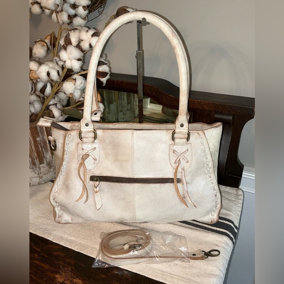 NWT Bed Stu Rockababy Patchwork Satchel Crossbody Bag Tan Nectar Lux MSRP $335 - Picture 2 of 11